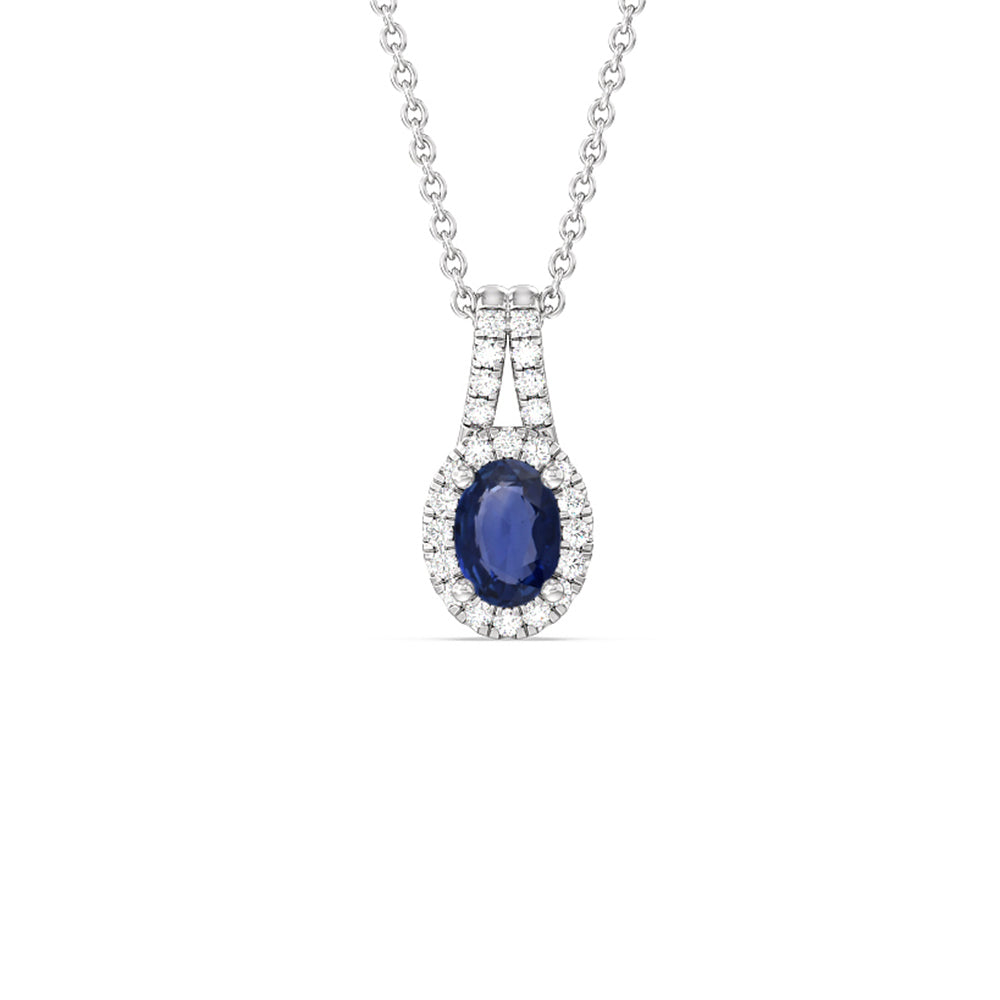 Oval Sapphire and Lab Diamond Classic Halo Pendant With Studded Split Bale with 8x6 Cut Diamond in 14KT White Gold view 1
