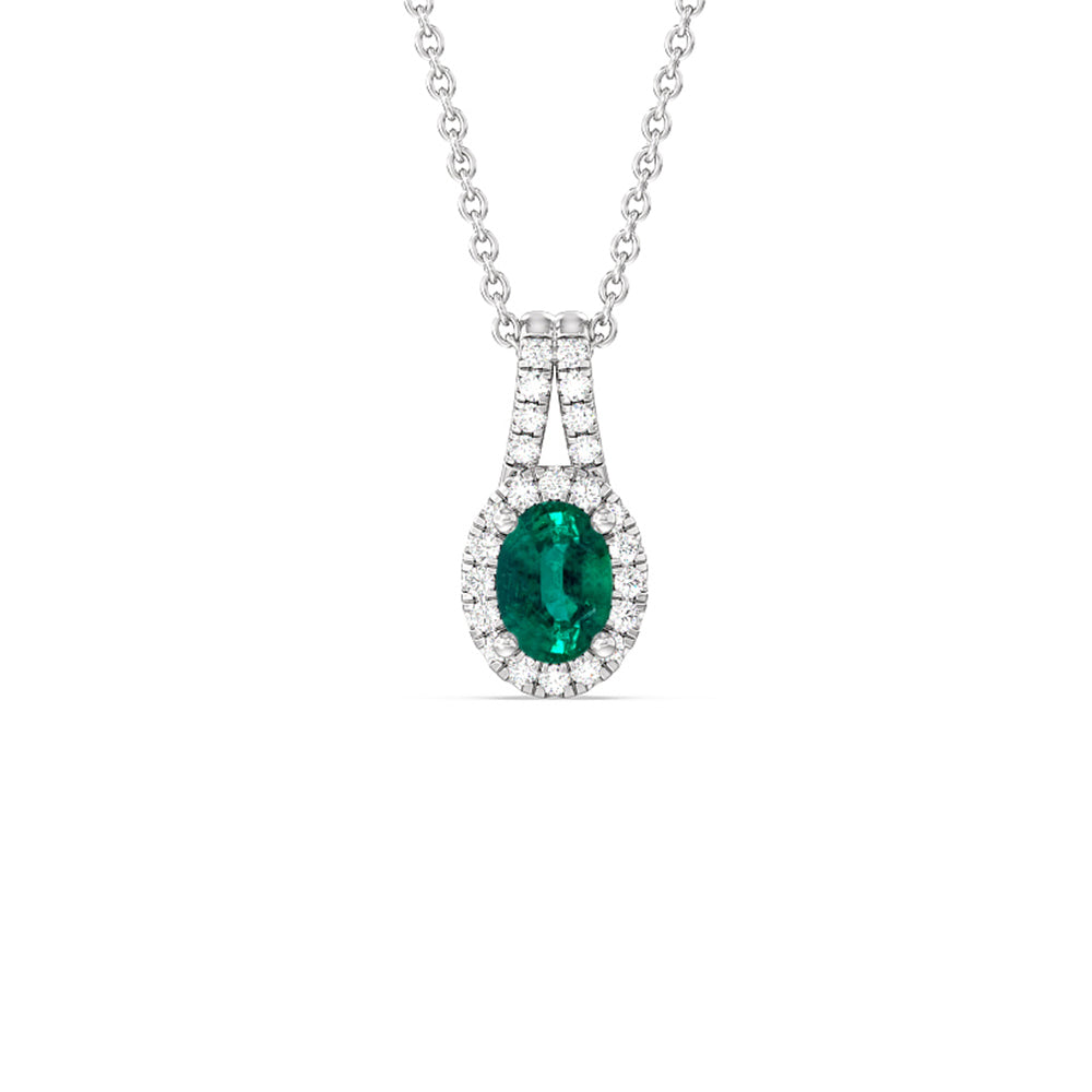 Oval Shape Emerald and Lab Diamond Classic Halo Pendant With Studded Split Bale with 8x6 Cut Diamond in 14KT White Gold view 1
