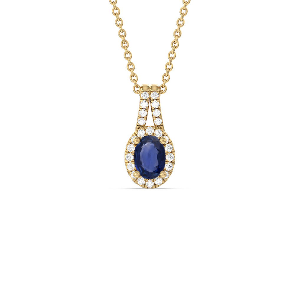 Oval Sapphire and Lab Diamond Classic Halo Pendant With Studded Split Bale with 8x6 Cut Diamond in 14KT Yellow Gold view 1
