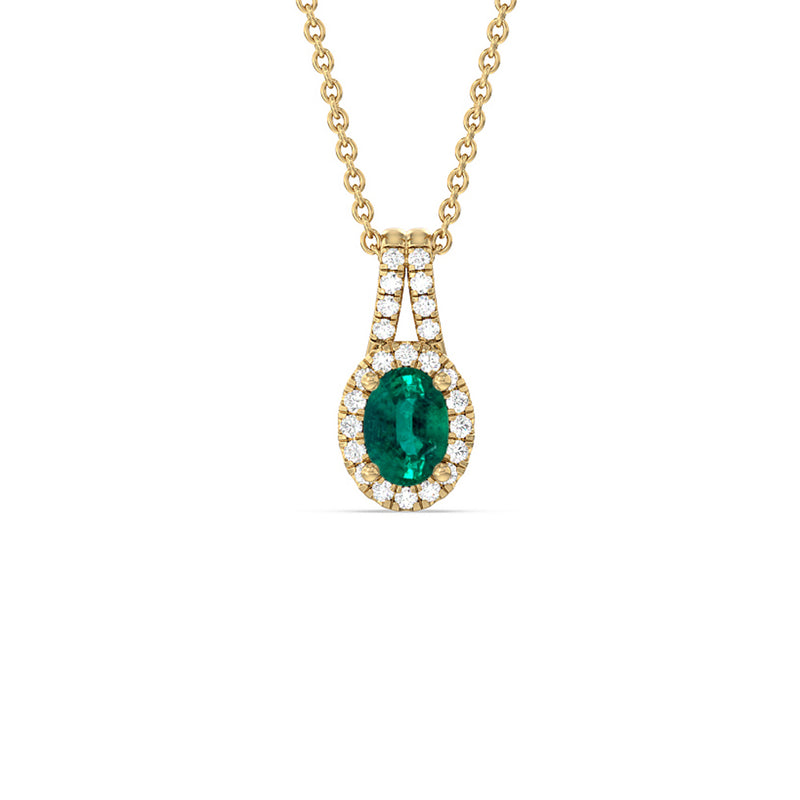 Oval Shape Emerald and Lab Diamond Classic Halo Pendant With Studded Split Bale