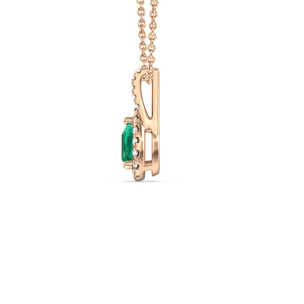 Pear Shape Emerald and Lab Diamond Classic Halo Pendant With Studded Split Bale with 8x5 Cut Diamond in 14KT Rose Gold view 2
