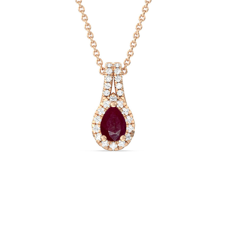 Pear Ruby and Lab Diamond Classic Halo Pendant With Studded Split Bale