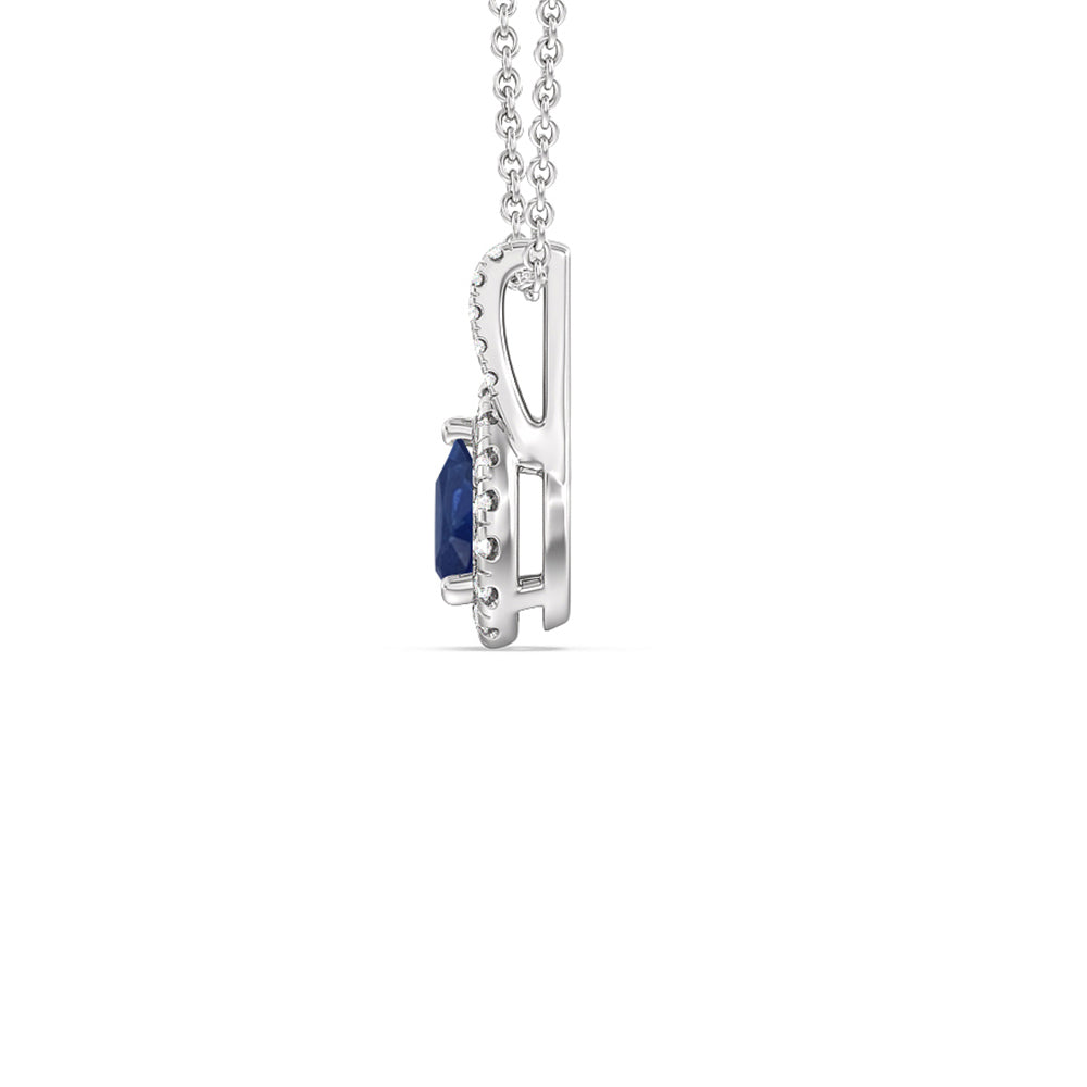 Pear Sapphire and Lab Diamond Classic Halo Pendant With Studded Split Bale with 8x5 Cut Diamond in 14KT White Gold view 2
