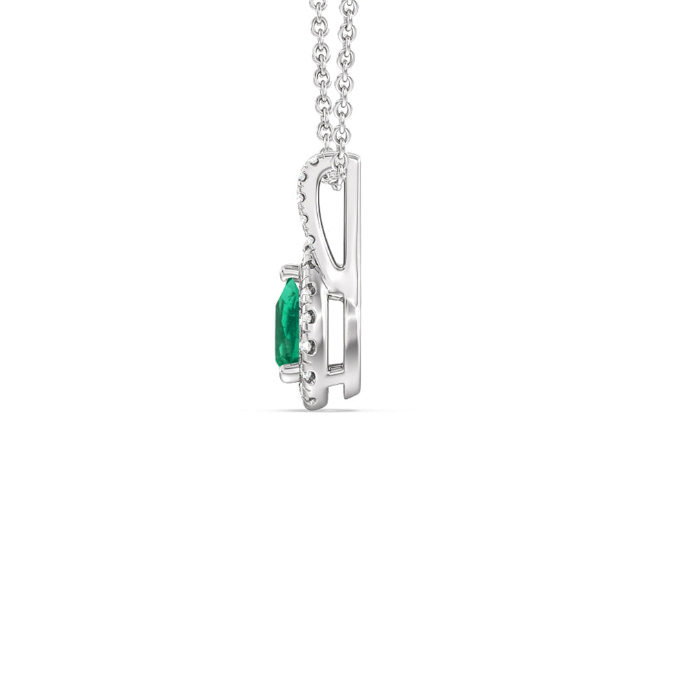 Pear Shape Emerald and Lab Diamond Classic Halo Pendant With Studded Split Bale with 8x5 Cut Diamond in 14KT White Gold view 2

