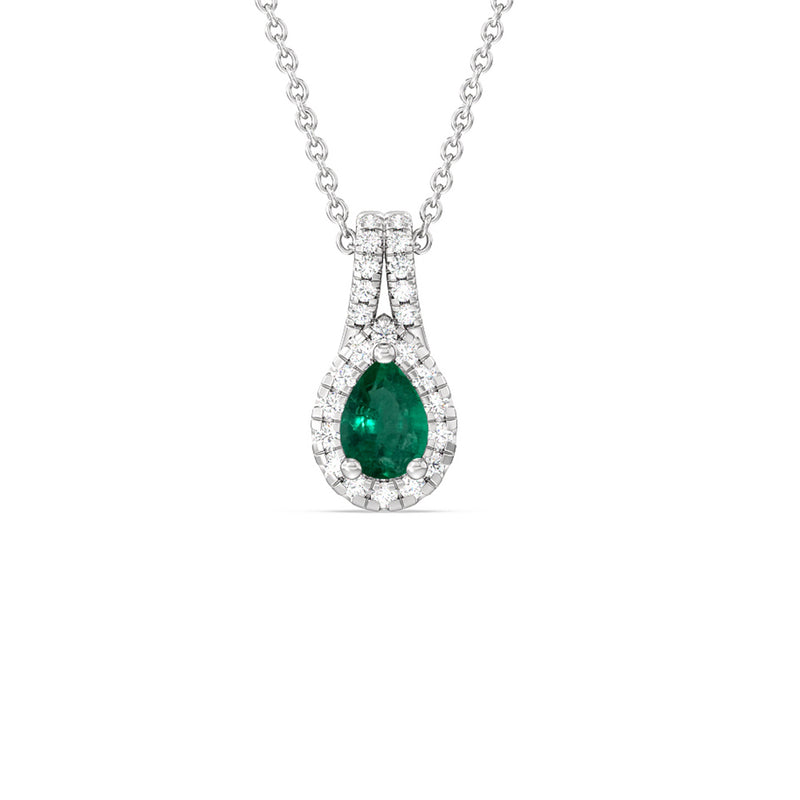Pear Shape Emerald and Lab Diamond Classic Halo Pendant With Studded Split Bale