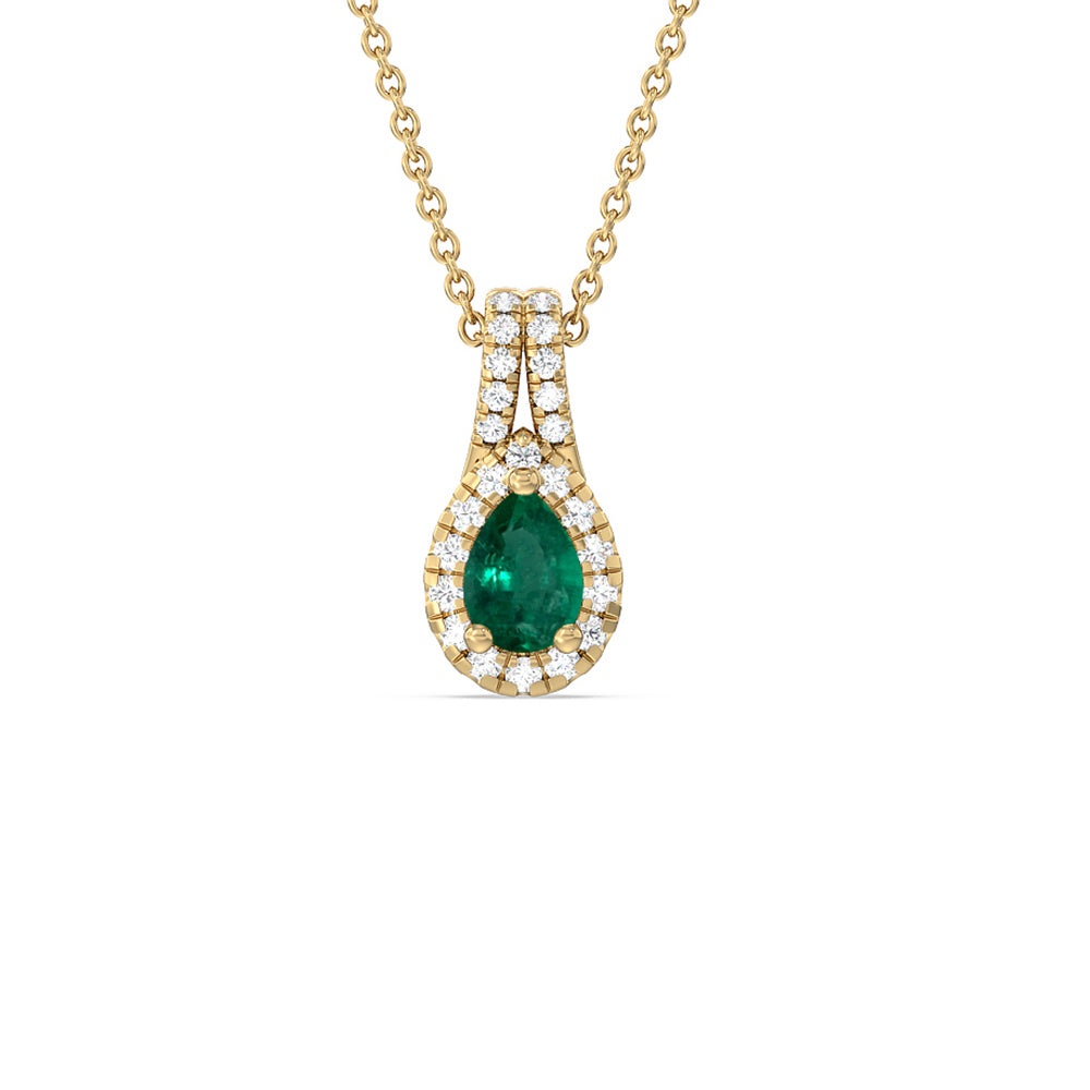 Pear Shape Emerald and Lab Diamond Classic Halo Pendant With Studded Split Bale with 8x5 Cut Diamond in 14KT Yellow Gold view 1
