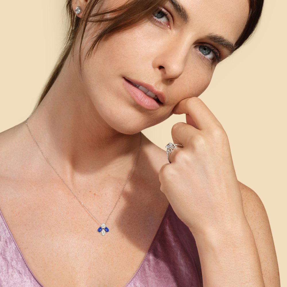 Model Wearing Sapphire and Diamond Gleaming Galaxy Necklace view