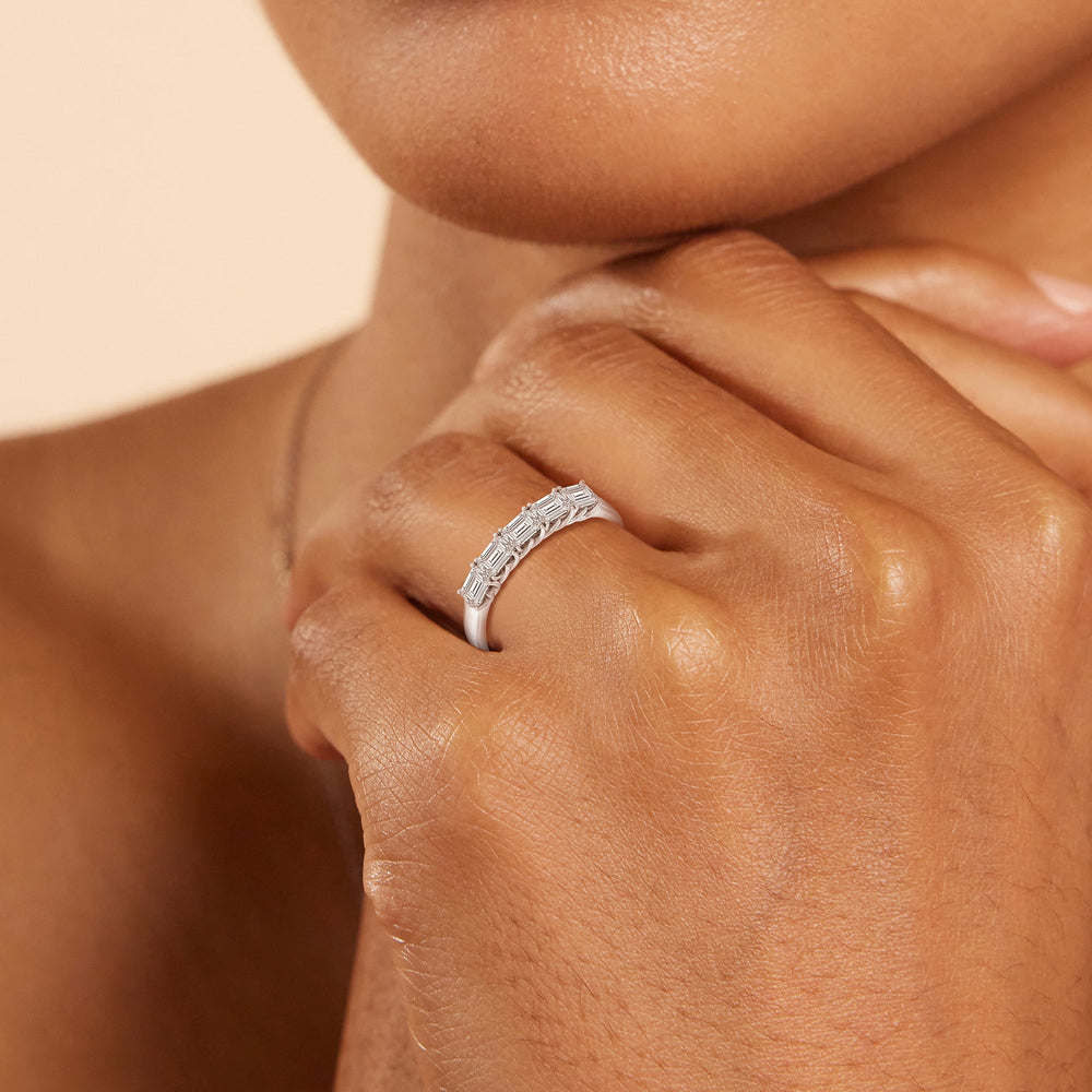 Five Stone Emerald East-West Modern Trellis Anniversary Ring (F/G SI+) with 18KT Yellow Gold / Natural / 1 Cut Diamond in 14KT Yellow Gold / Natural / 1 view 2
