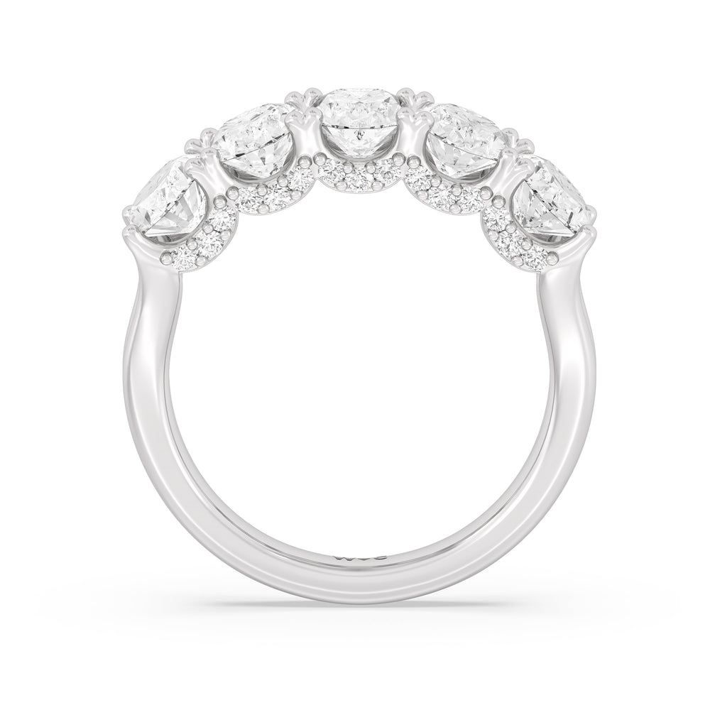 Elegance Hidden Halo Oval Five Stone Anniversary Ring with Platinum / Lab / 3 Cut Diamond in 14KT Platinum / Lab / 3 view 4
