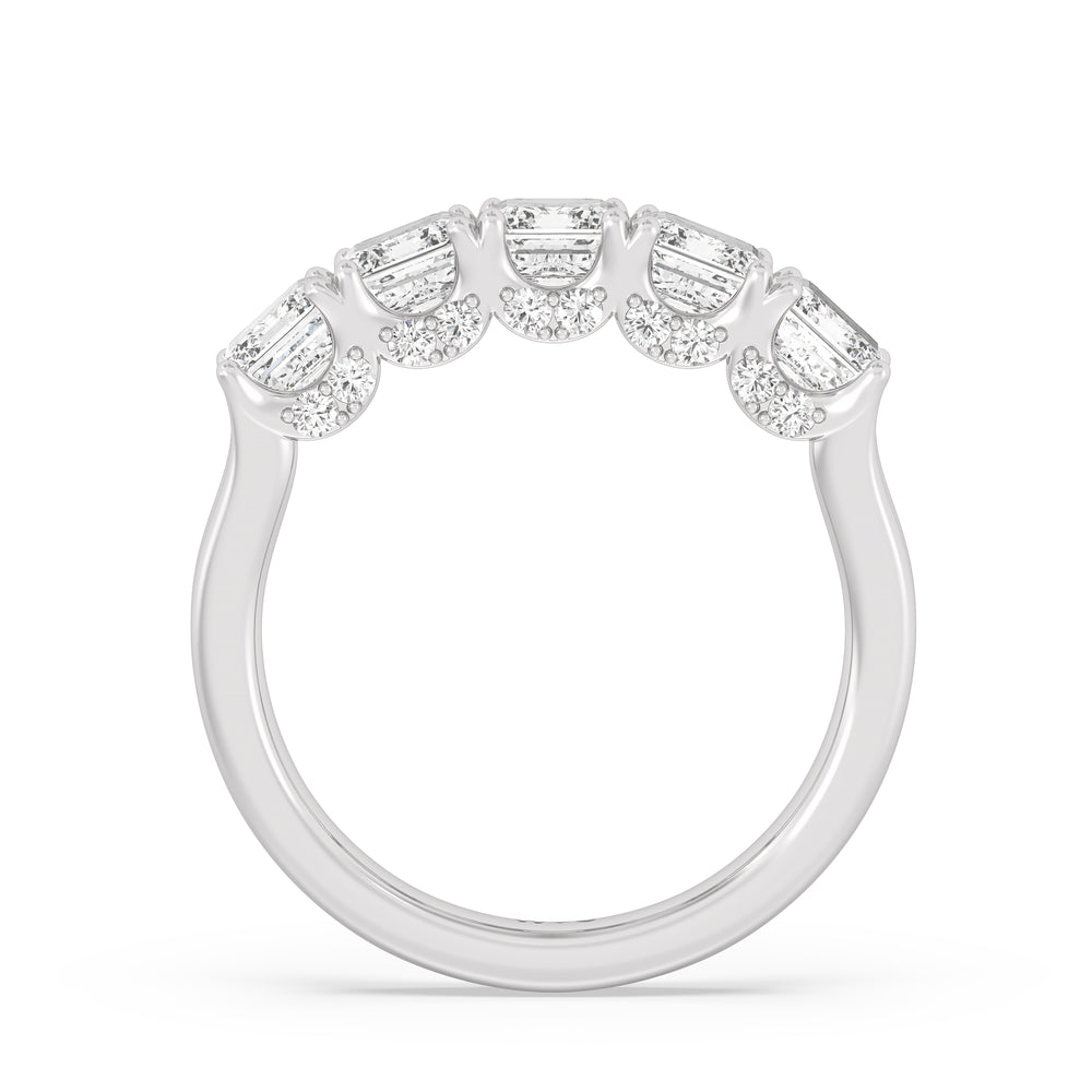 Elegance Hidden Halo Emerald Five Stone Anniversary Ring with Platinum / Lab / 3 Cut Diamond in 14KT Platinum / Lab / 3 view 4
