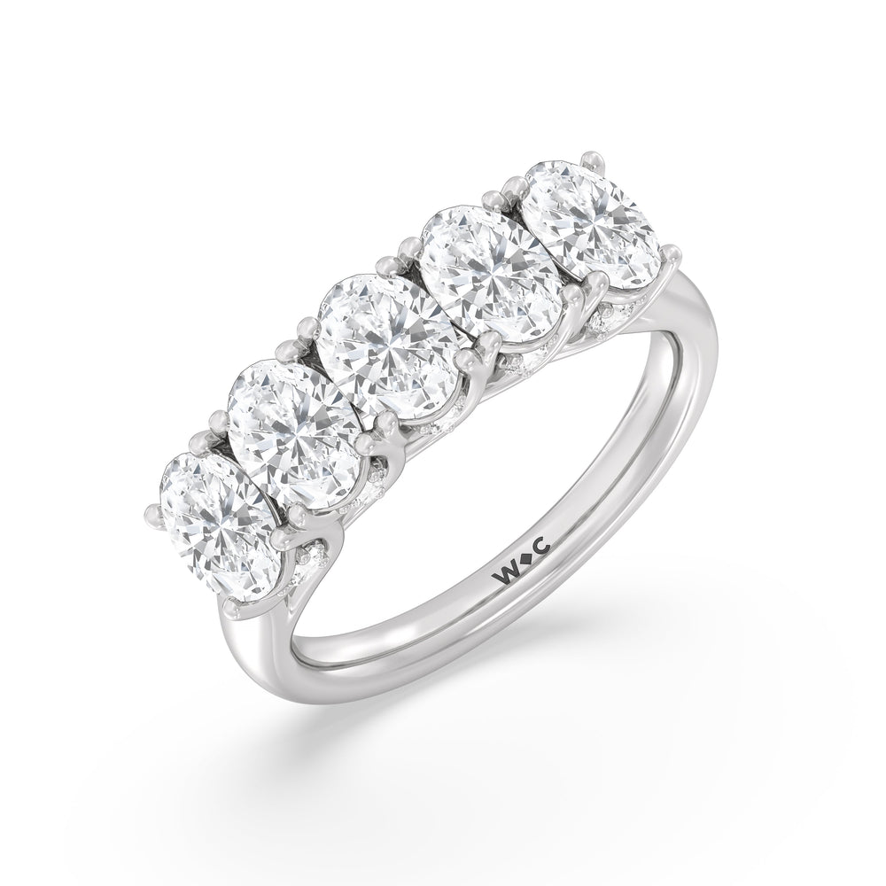 Elegance Hidden Accent Trellis Oval Five Stone Anniversary Ring with Platinum / Lab / 3 Cut Diamond in 14KT Platinum / Lab / 3 view 5
