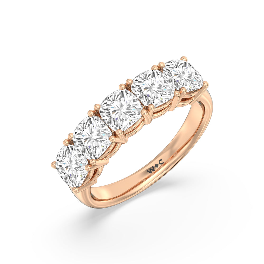 Five Stone Cushion Diamond Anniversary Ring with 18KT Rose Gold / Lab / 3 Cut Diamond in 14KT Rose Gold / Lab / 3 view 5
