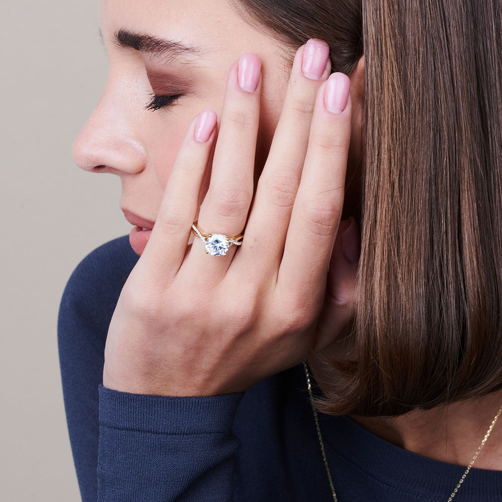 Model Wearing 2.51ct Radiant Fine Glamour Ribbon Swirl Engagement Ring view