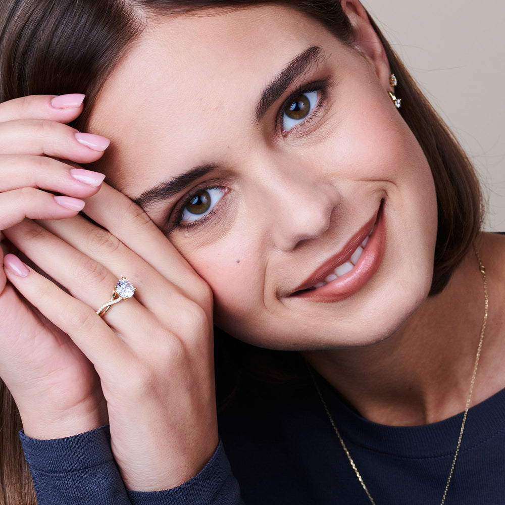 Model Wearing 2.51ct Radiant Fine Glamour Ribbon Swirl Engagement Ring view