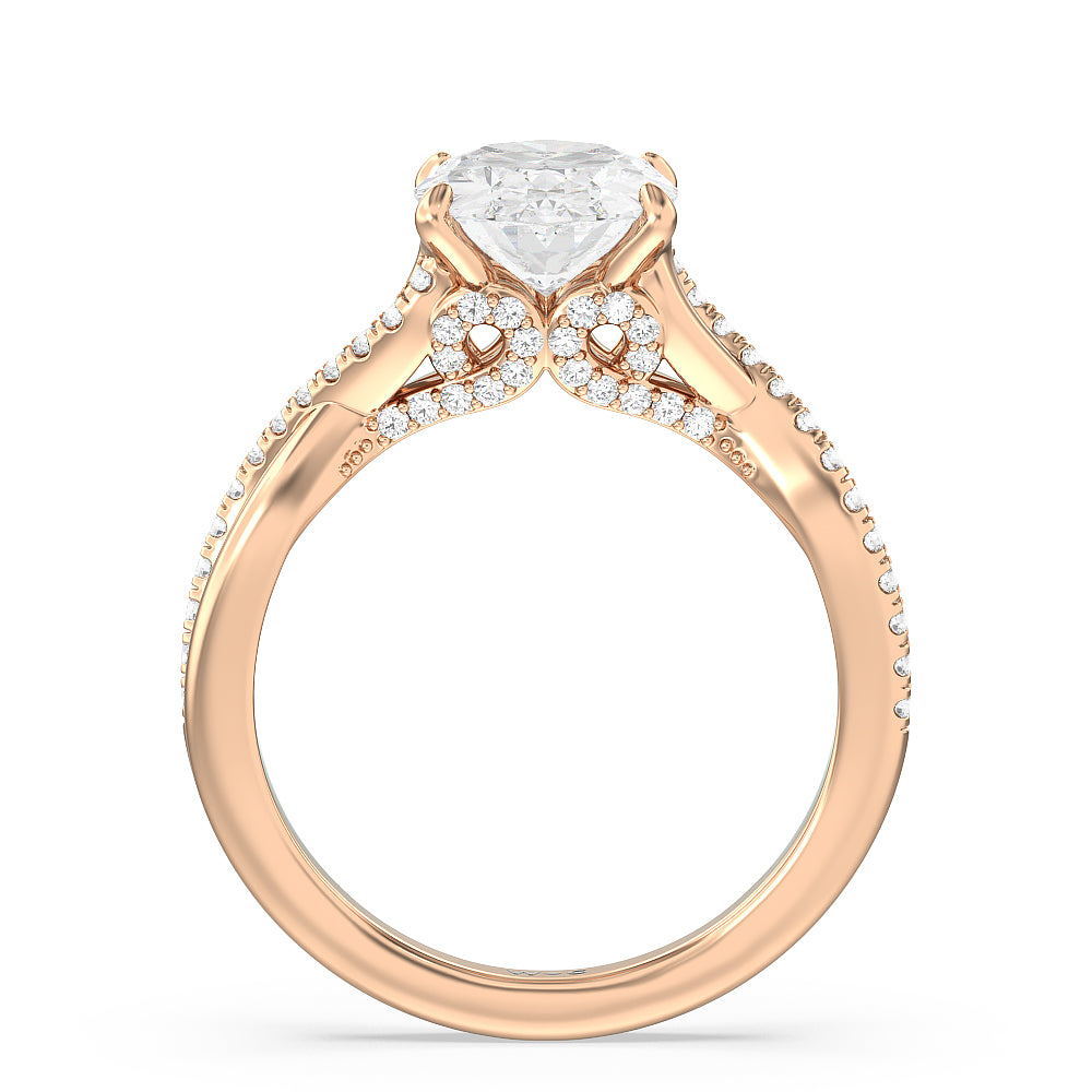 Glamour Ribbon Swirl Engagement Ring with Oval Cut Diamond in 14KT Rose Gold view 3
