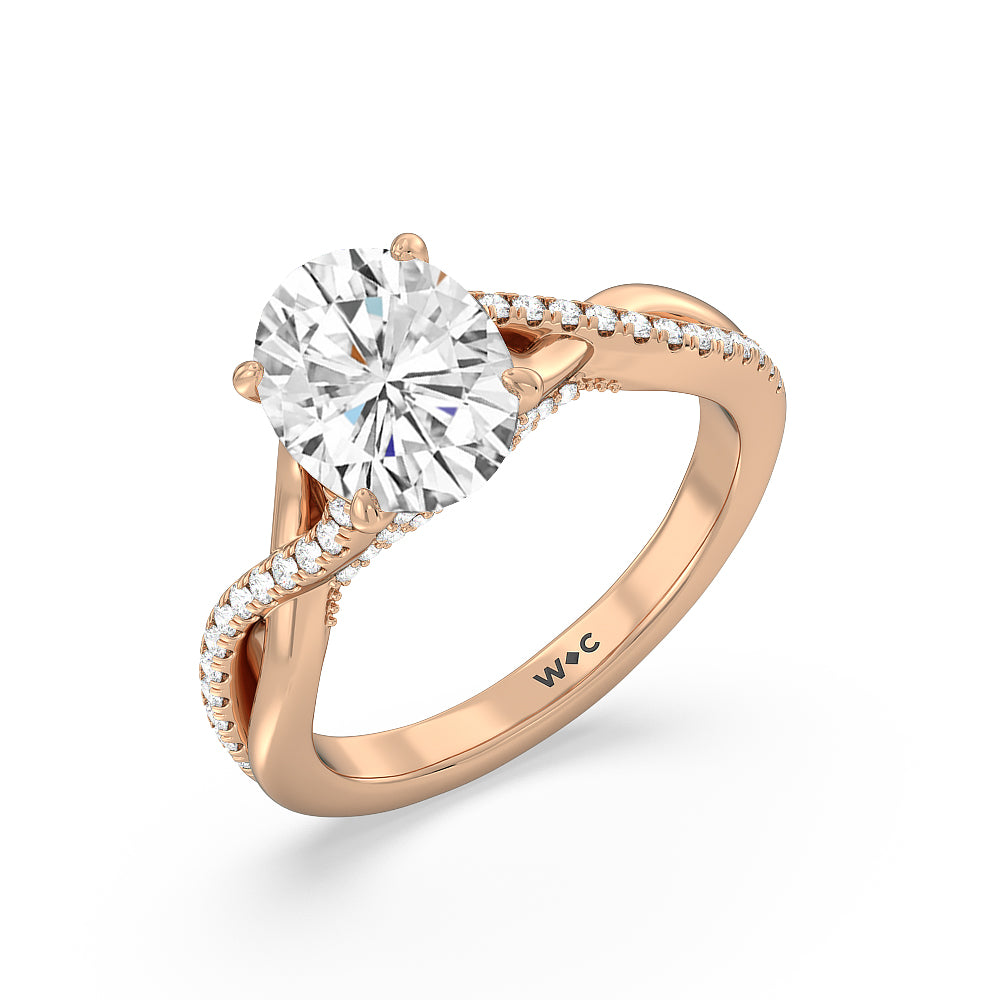 Glamour Ribbon Swirl Engagement Ring with Oval Cut Diamond in 14KT Rose Gold view 4
