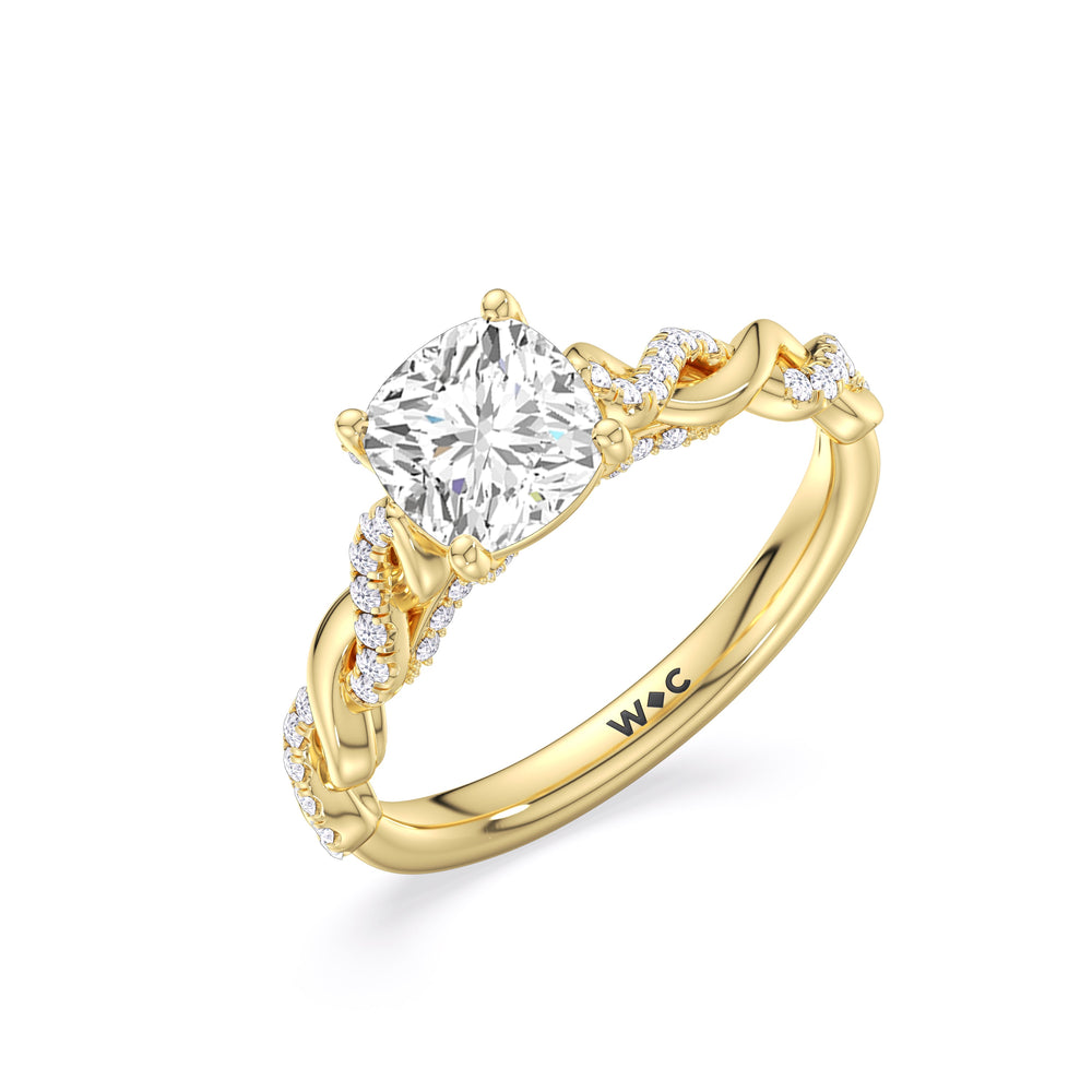 Glamour Twisted Diamond Engagement Ring with Cushion Cut Diamond in 14KT Yellow Gold view 3

