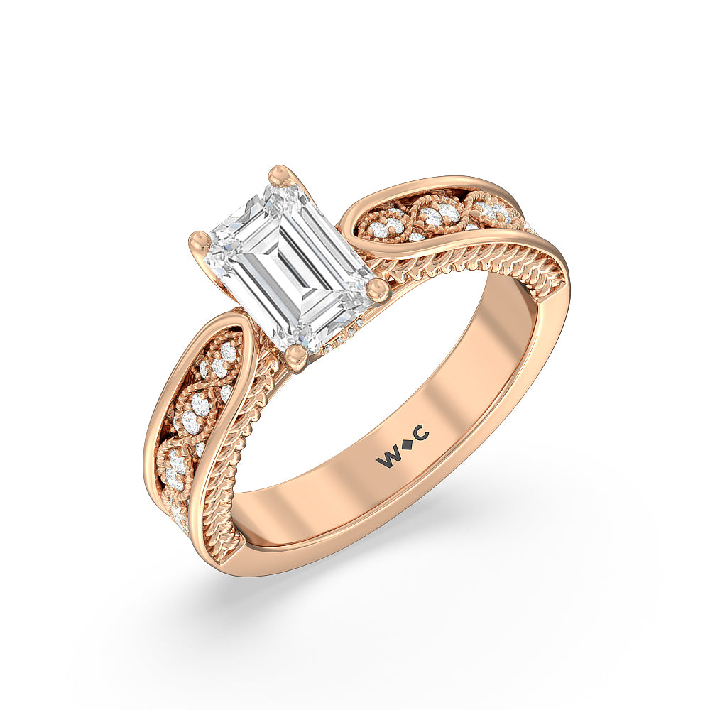 Emerald Cut Vintage Hidden Halo Chevron Engagement Ring with Lab Grown Diamond in 14KT Rose Gold view 3
