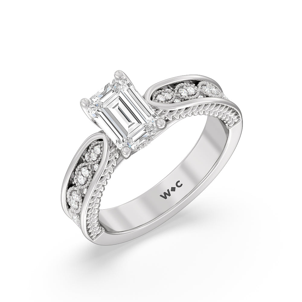 Emerald Cut Vintage Hidden Halo Chevron Engagement Ring with Lab Grown Diamond in 14KT Platinum view 3
