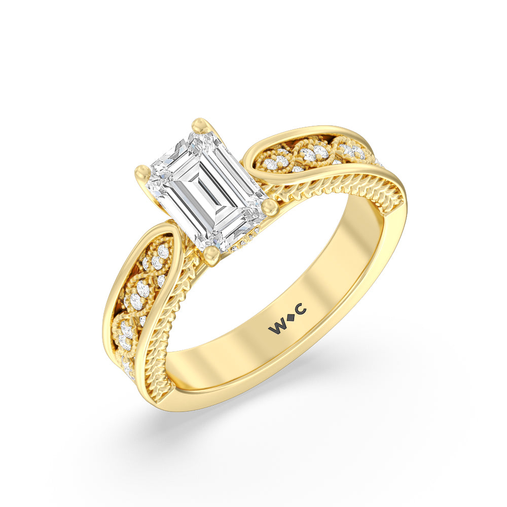 Emerald Cut Vintage Hidden Halo Chevron Engagement Ring with Lab Grown Diamond in 14KT Yellow Gold view 3
