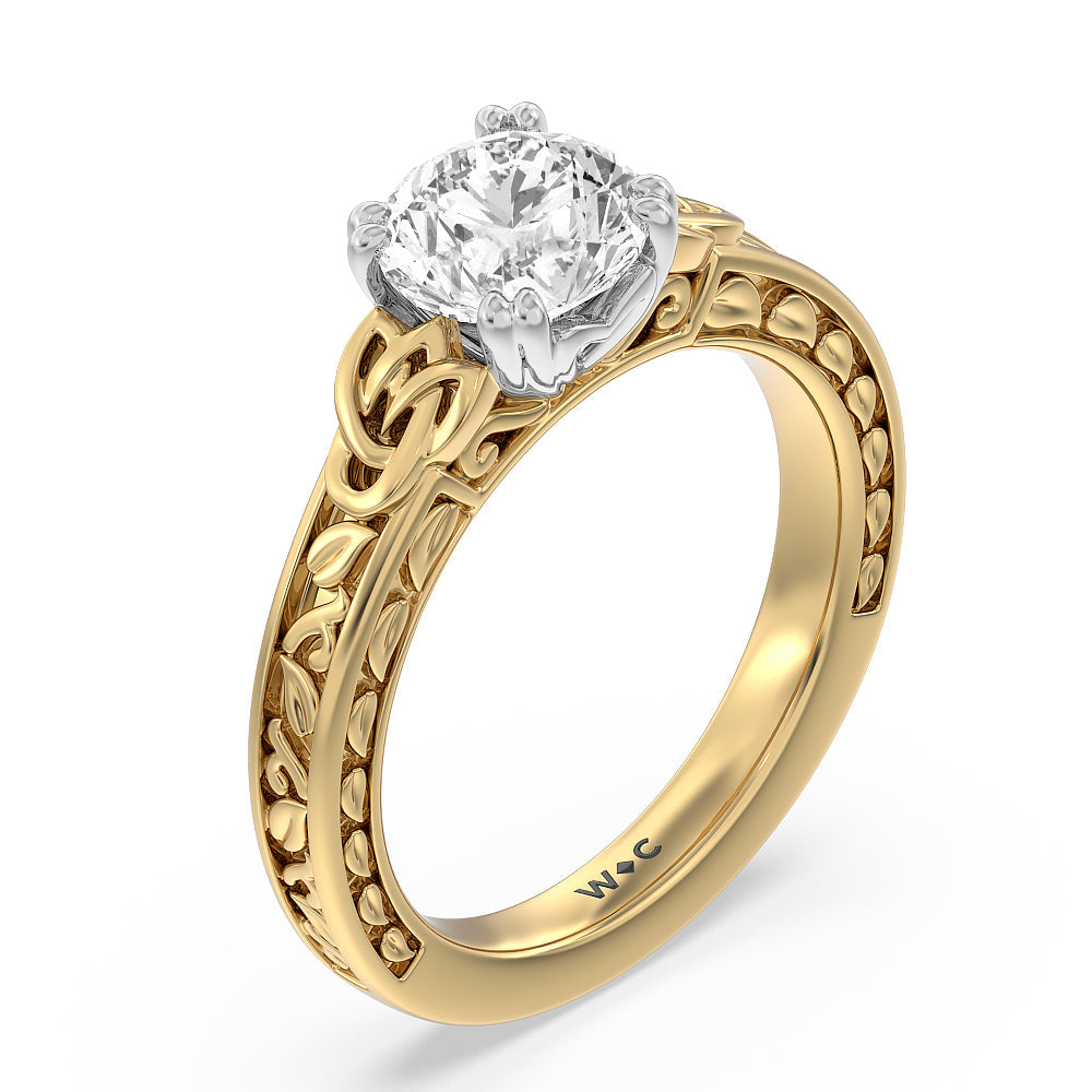 Vintage Celtic Engraved Engagement Ring with Round Cut Diamond in 14KT White & Yellow Gold view 3

