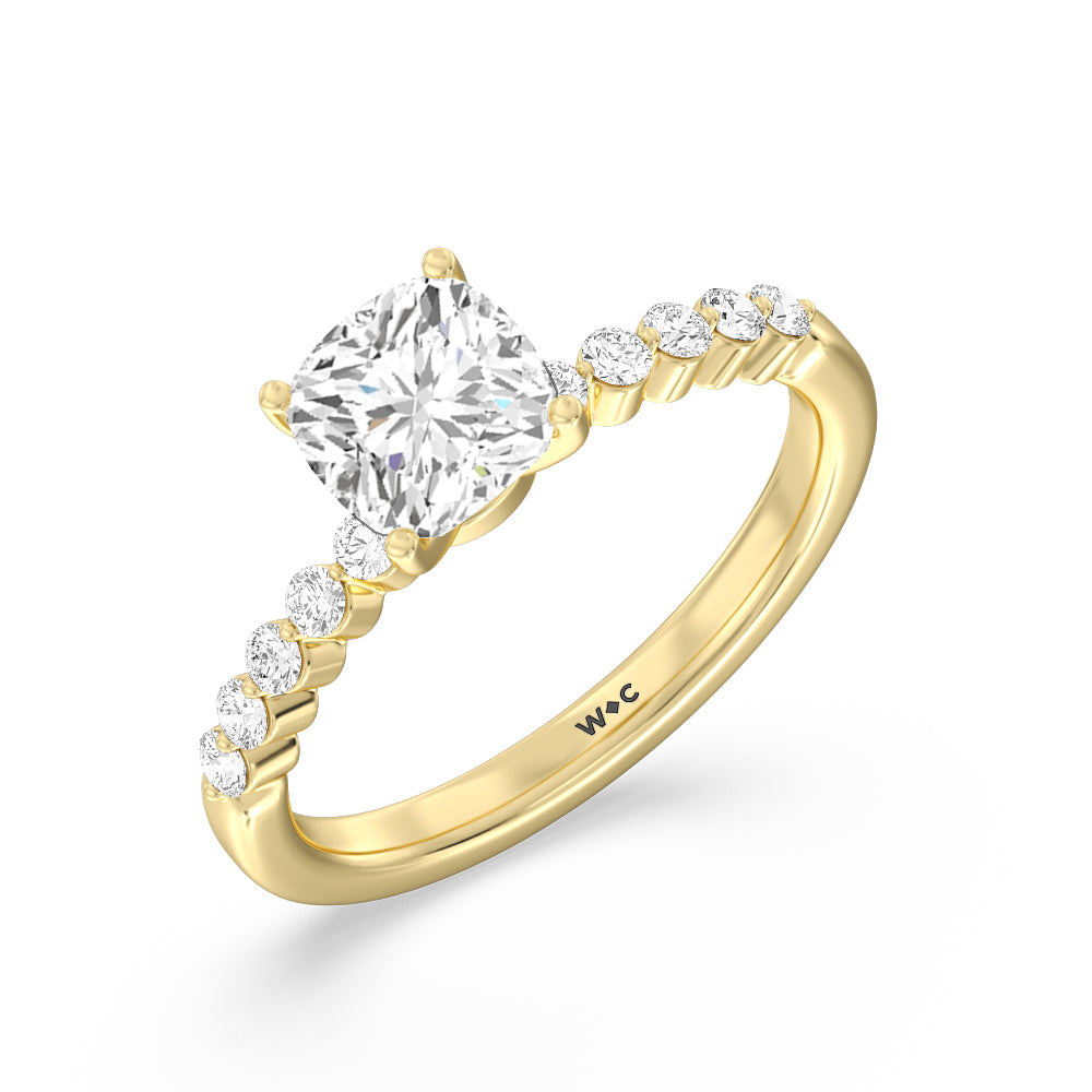 Under Bezeled Accent Diamond Engagement Ring with Cushion Cut Diamond in 14KT Yellow Gold view 3

