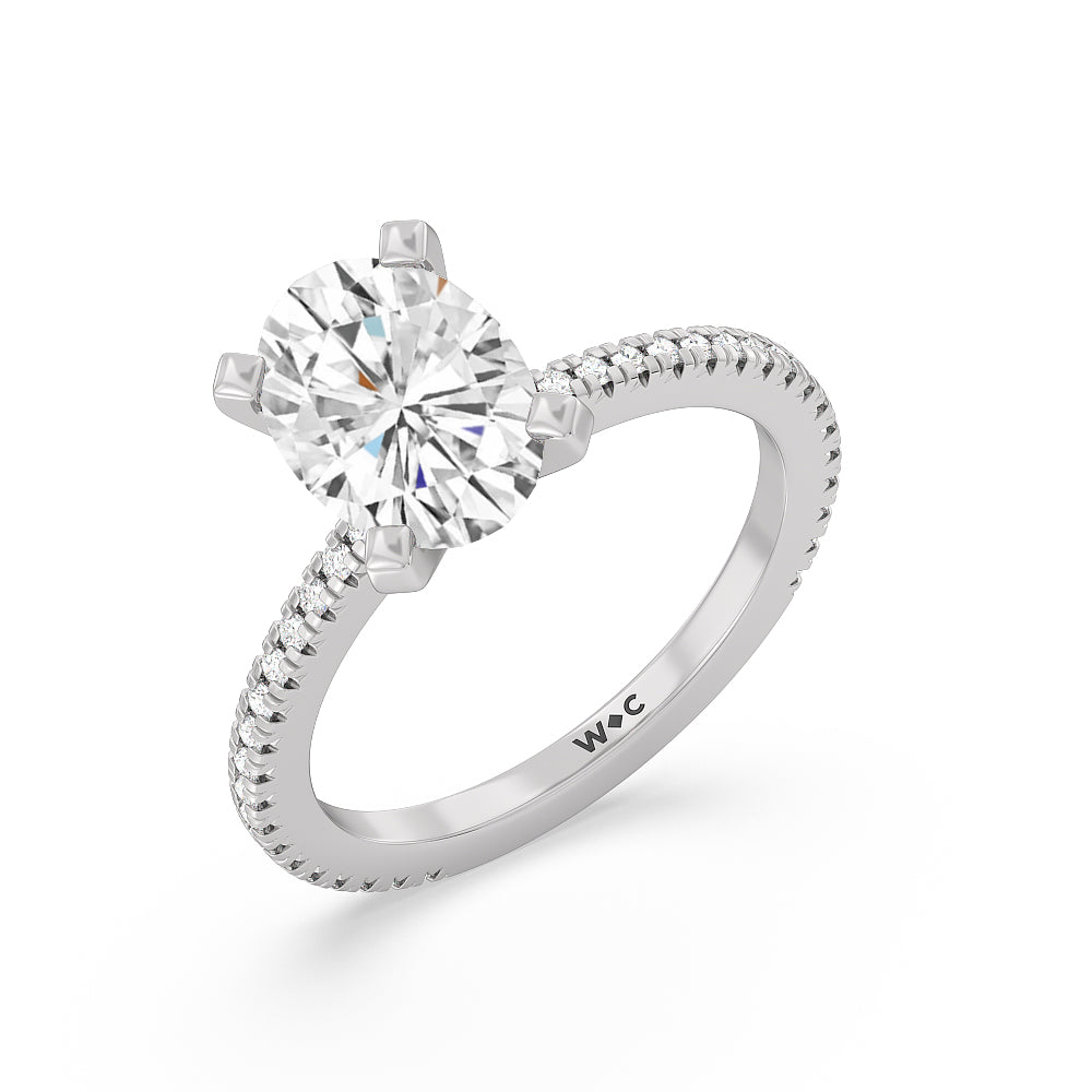 Petite French Set Diamond Engagement Ring with Oval Cut Diamond in 14KT Platinum view 3
