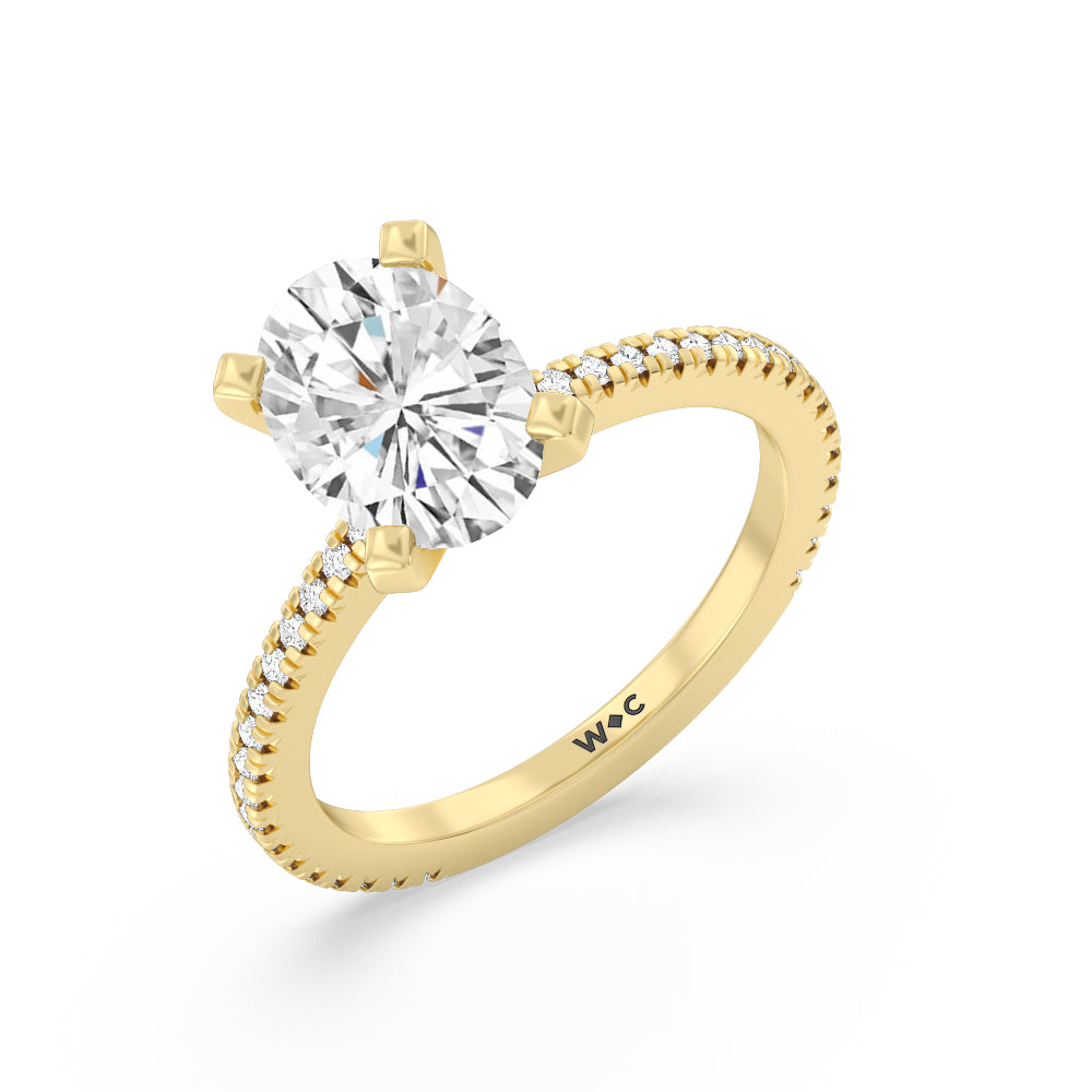 Petite French Set Diamond Engagement Ring with Oval Cut Diamond in 14KT Yellow Gold view 3
