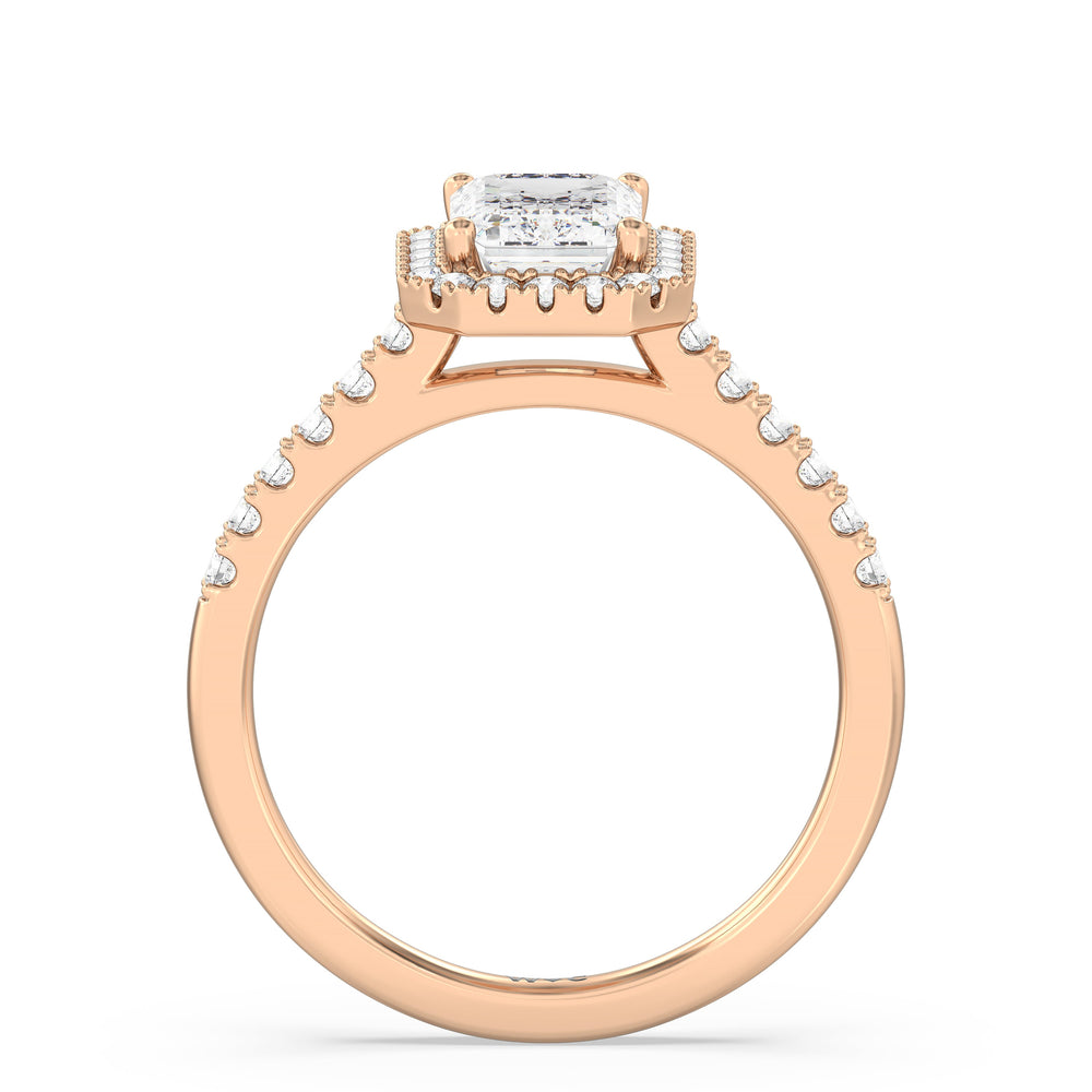 Pave Halo Engagement Ring with Emerald Cut Diamond in 14KT Rose Gold view 2
