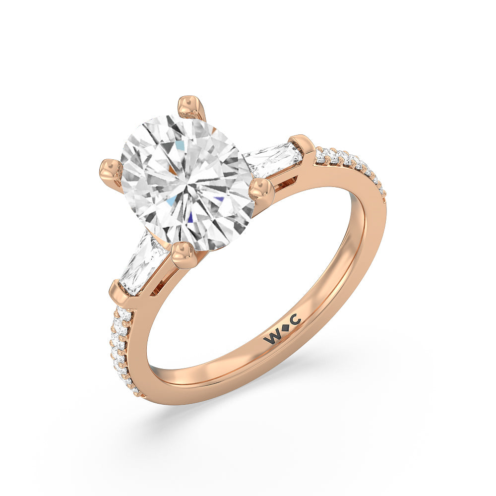 Three Stone Tapered Baguette Diamond Engagement Ring with Oval Cut Diamond in 14KT Rose Gold view 3
