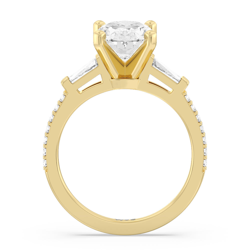 Three Stone Tapered Baguette Diamond Engagement Ring with Oval Cut Diamond in 14KT Yellow Gold view 2
