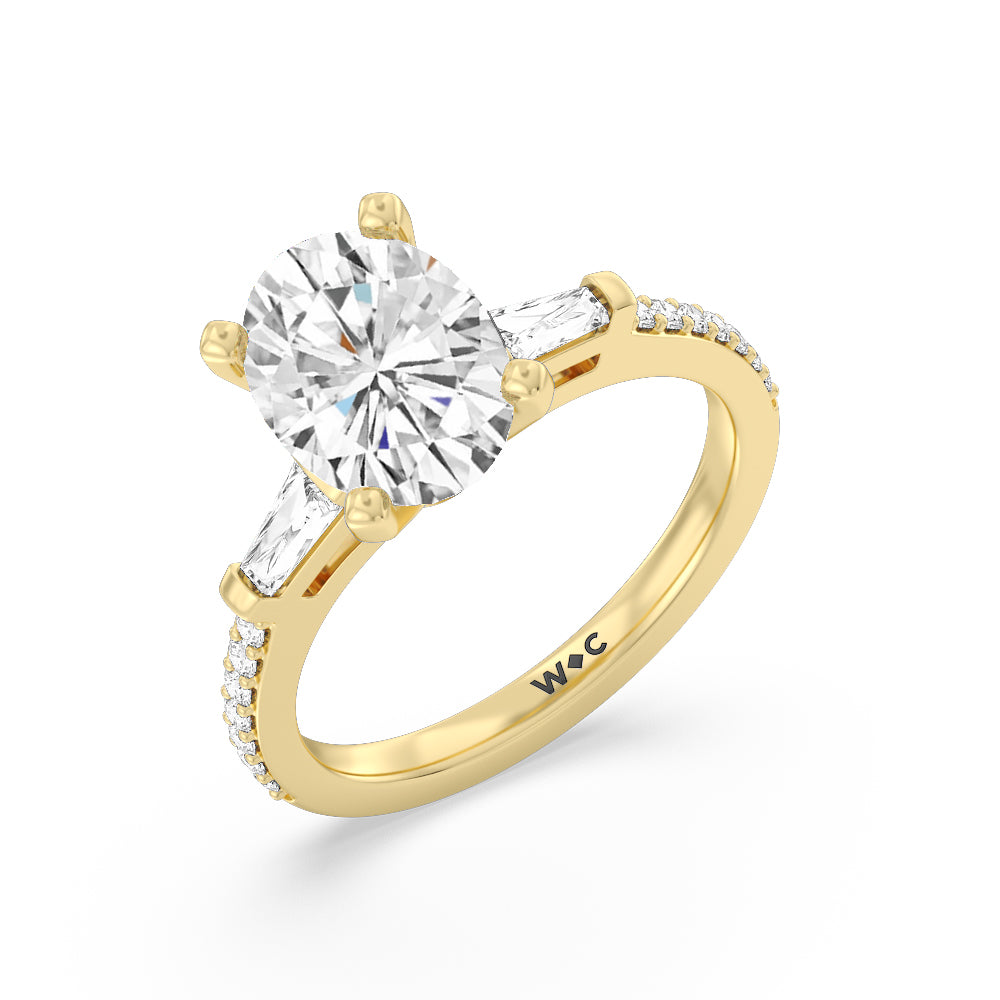 Three Stone Tapered Baguette Diamond Engagement Ring with Oval Cut Diamond in 14KT Yellow Gold view 3
