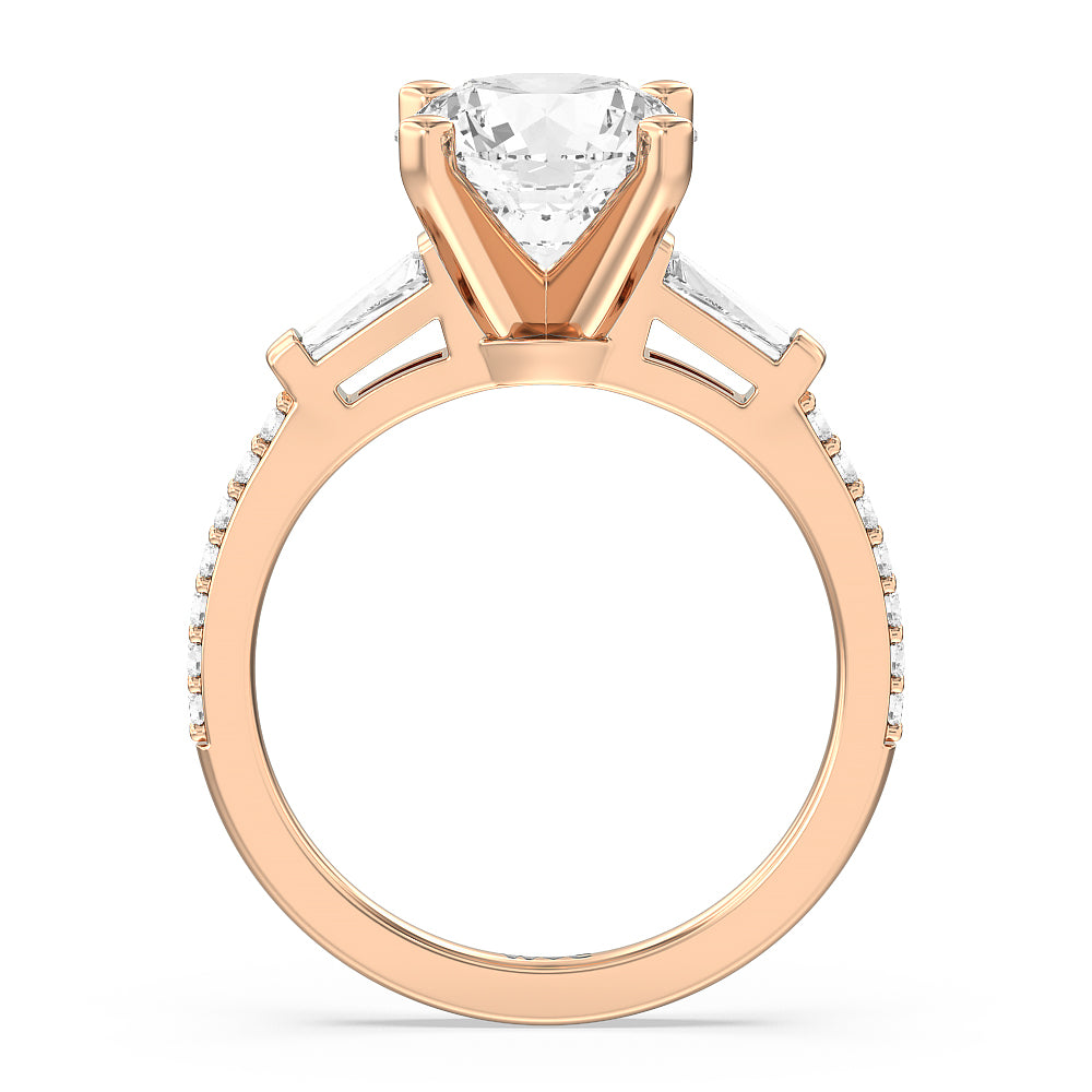 Three Stone Tapered Baguette Diamond Engagement Ring with Round Cut Diamond in 14KT Rose Gold view 2
