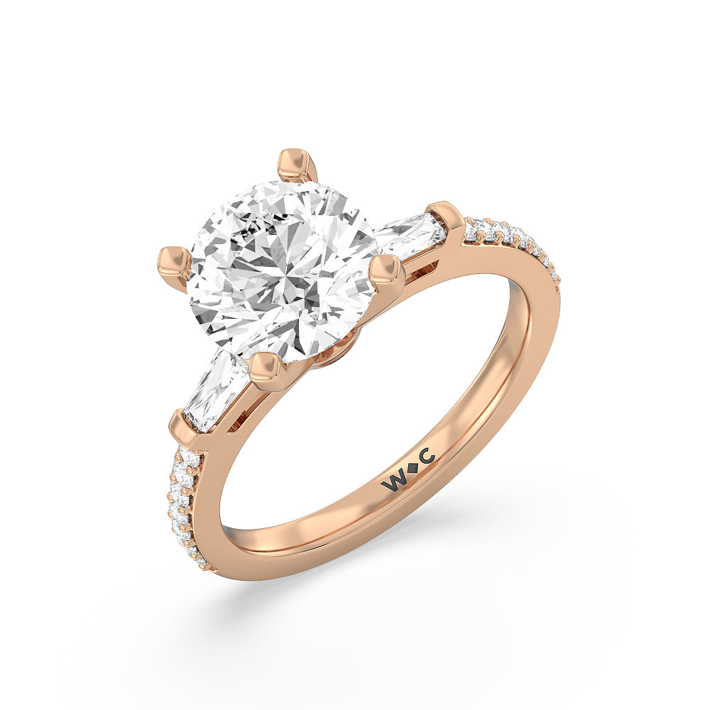 Three Stone Tapered Baguette Diamond Engagement Ring with Round Cut Diamond in 14KT Rose Gold view 3
