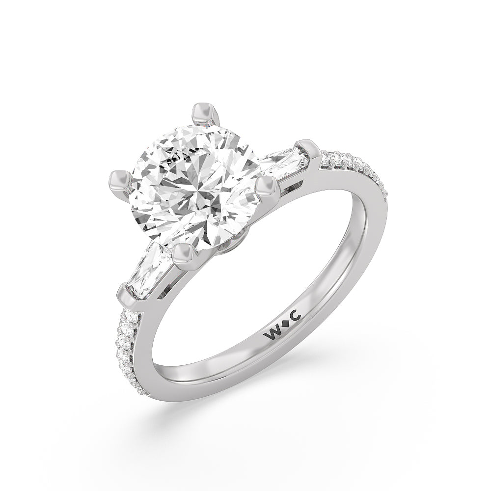 Three Stone Tapered Baguette Diamond Engagement Ring with Round Cut Diamond in 14KT Platinum view 3
