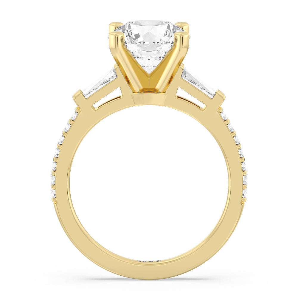 Three Stone Tapered Baguette Diamond Engagement Ring with Round Cut Diamond in 14KT Yellow Gold view 2
