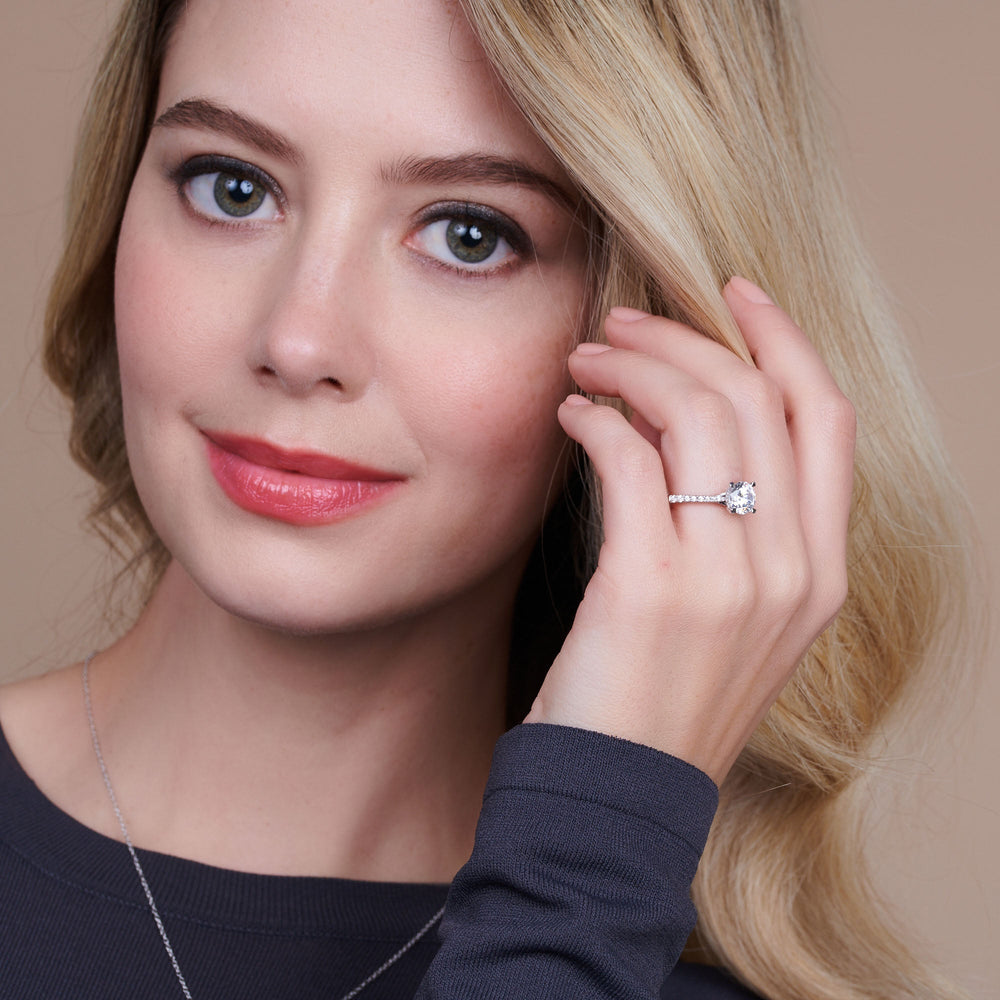 Model Wearing 2.20ct Oval Tapered Pave Diamond Hidden Halo Engagement Ring view