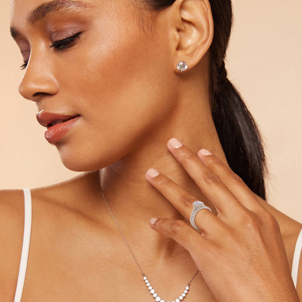 Model Wearing Pave Halo Diamond Wedding Band view