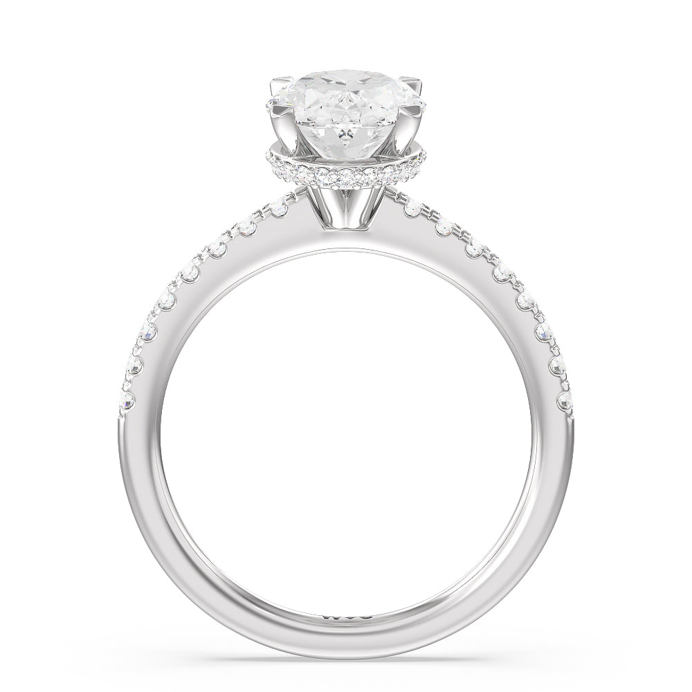 Fine Petite Pave Hidden Halo Engagement Ring with Oval Cut Diamond in 14KT Platinum view 2
