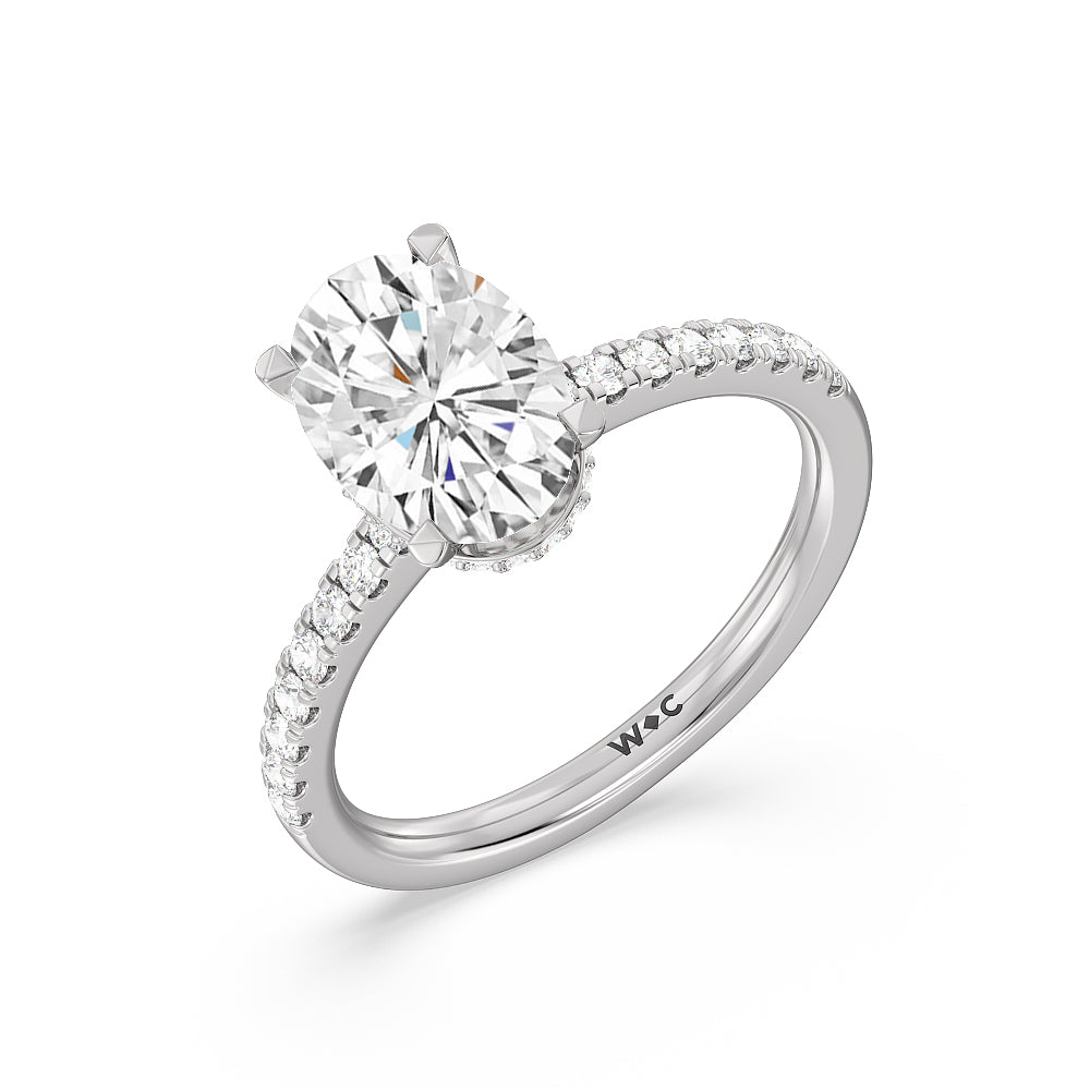 Fine Petite Pave Hidden Halo Engagement Ring with Oval Cut Diamond in 14KT Platinum view 3
