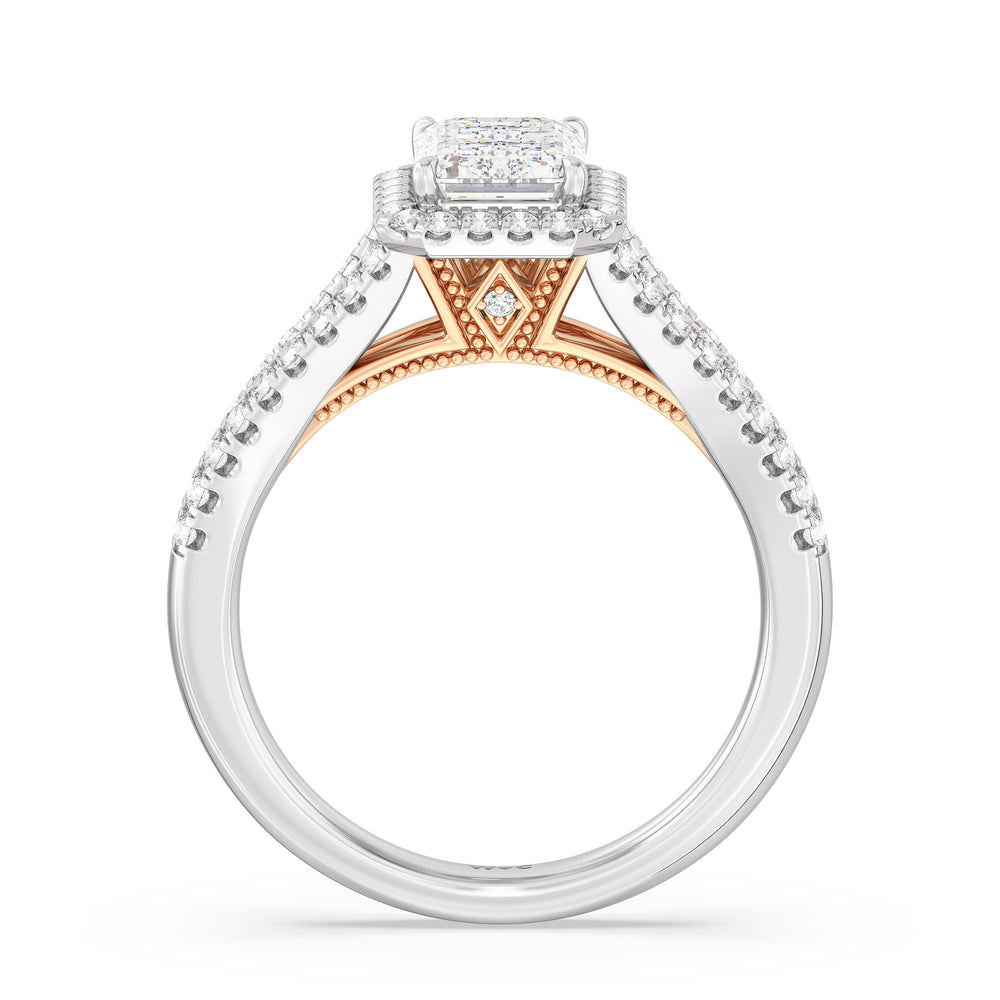 Emerald Cut Split Shank Hidden Accent Halo Engagement Ring with Lab Grown Diamond in 14KT White & Rose Gold view 2
