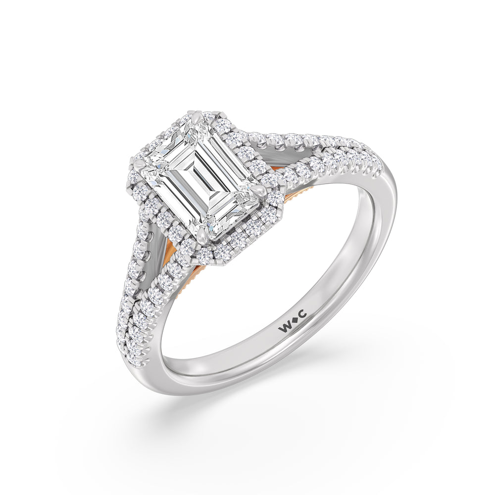 Emerald Cut Split Shank Hidden Accent Halo Engagement Ring with Lab Grown Diamond in 14KT White & Rose Gold view 3
