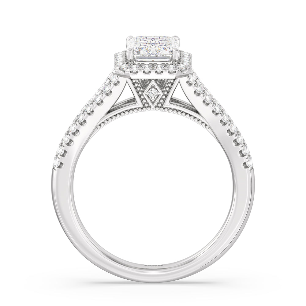 Emerald Cut Split Shank Hidden Accent Halo Engagement Ring with Lab Grown Diamond in 14KT Platinum view 2
