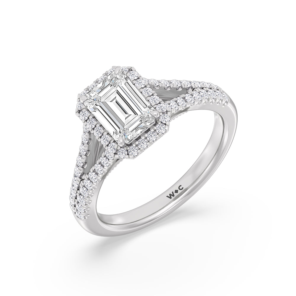 Emerald Cut Split Shank Hidden Accent Halo Engagement Ring with Lab Grown Diamond in 14KT Platinum view 3
