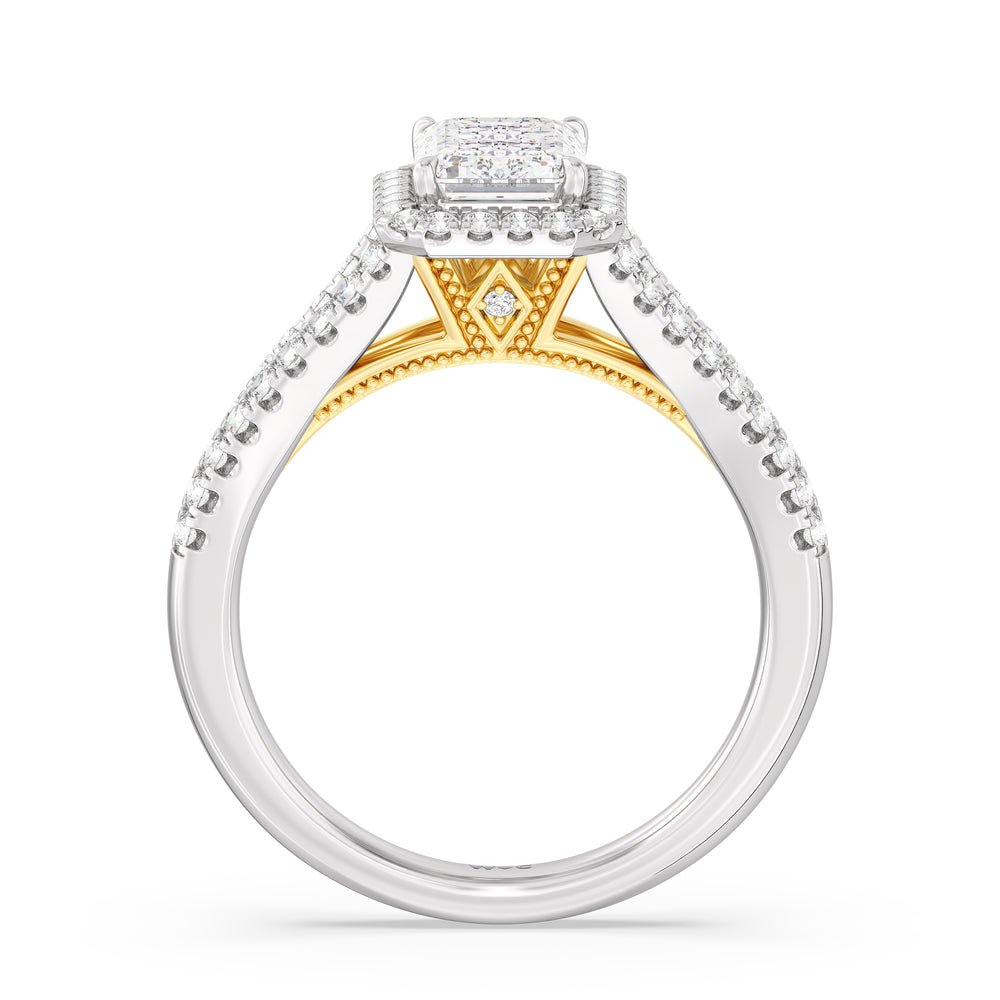 Emerald Cut Split Shank Hidden Accent Halo Engagement Ring with Lab Grown Diamond in 14KT White & Yellow Gold view 2
