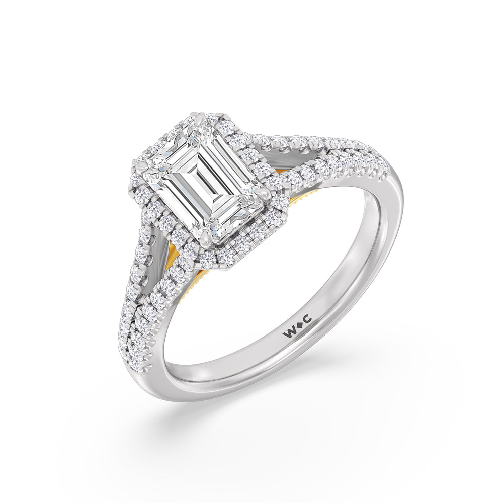 Emerald Cut Split Shank Hidden Accent Halo Engagement Ring with Lab Grown Diamond in 14KT White & Yellow Gold view 3
