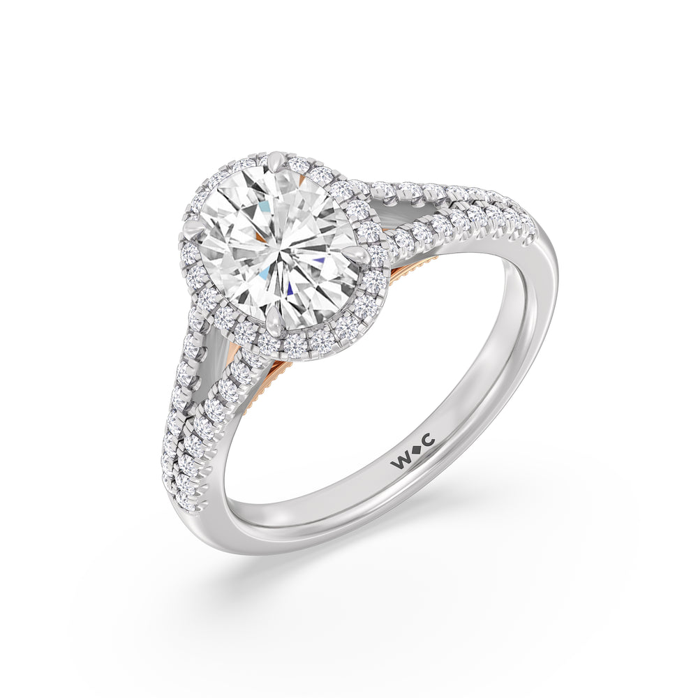 Oval Cut Split Shank Hidden Accent Halo Engagement Ring with Lab Grown Diamond in 14KT White & Rose Gold view 3
