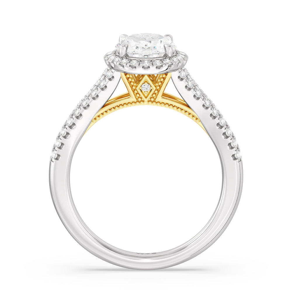 Oval Cut Split Shank Hidden Accent Halo Engagement Ring with Lab Grown Diamond in 14KT White & Yellow Gold view 2

