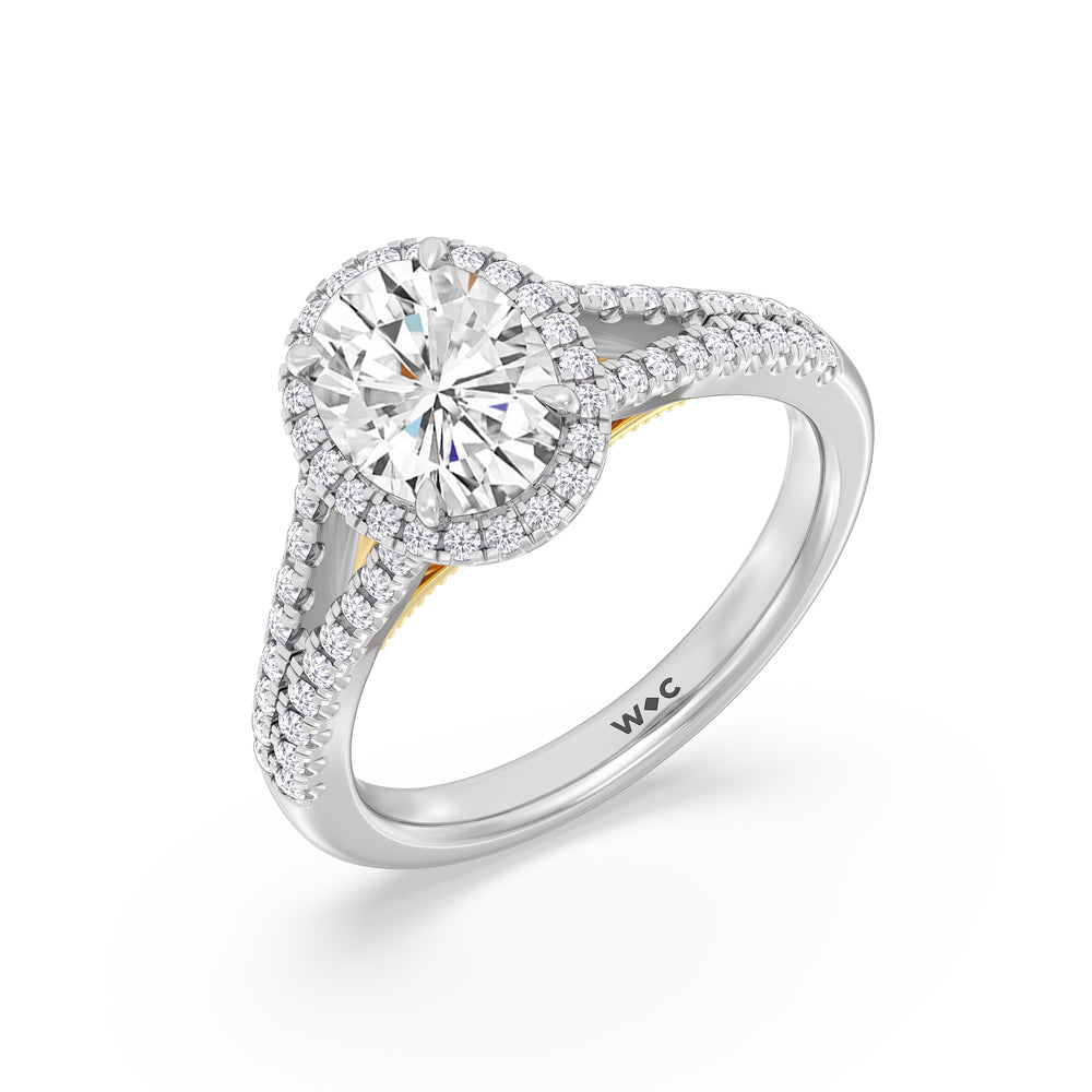 Oval Cut Split Shank Hidden Accent Halo Engagement Ring with Lab Grown Diamond in 14KT White & Yellow Gold view 3
