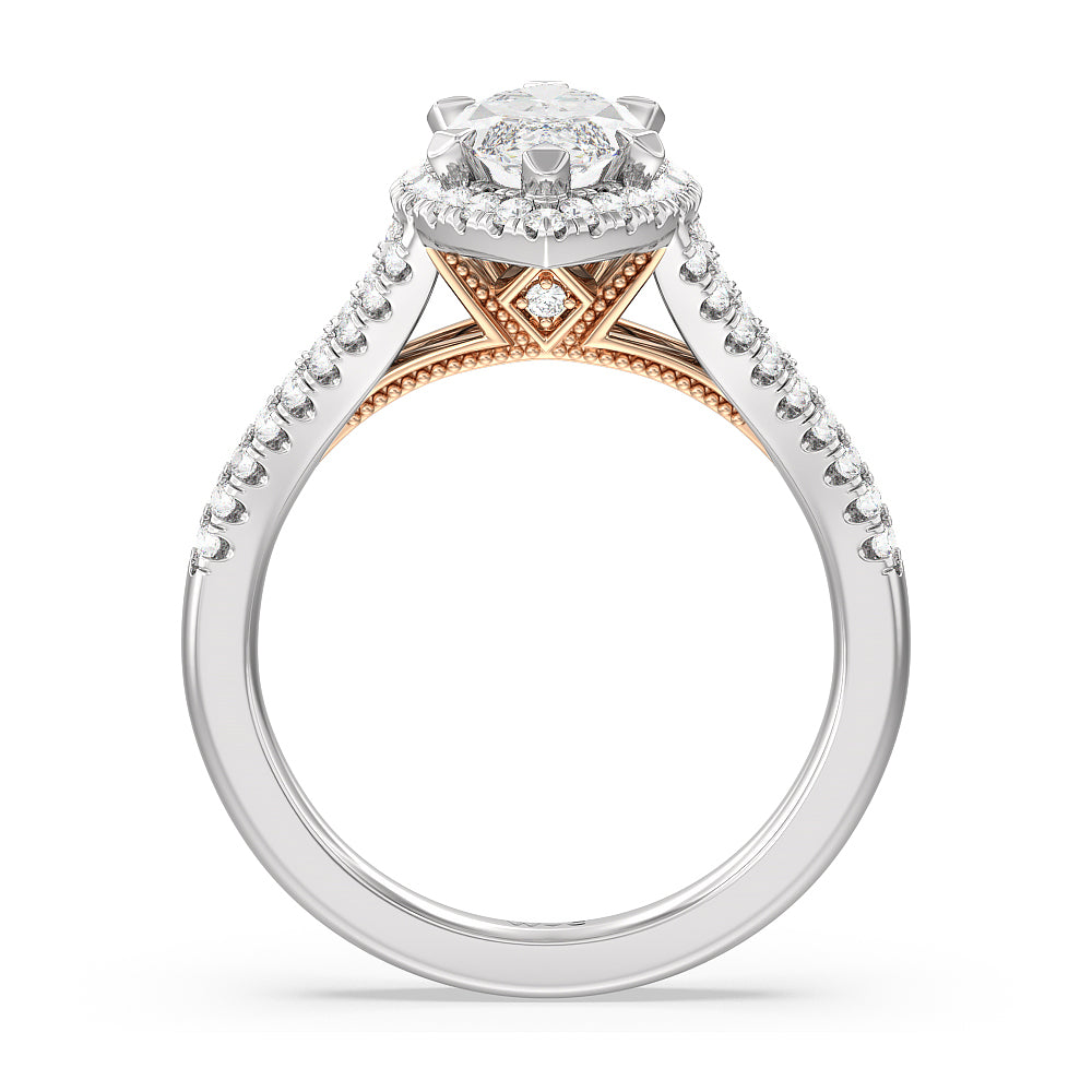 Marquise Cut Split Shank Hidden Accent Halo Engagement Ring with Lab Grown Diamond in 14KT White & Rose Gold view 2
